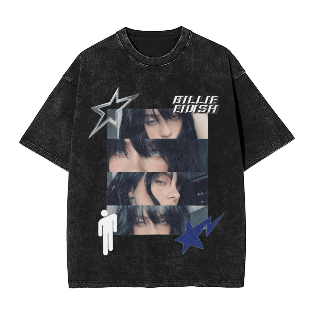 Singer BBillieGirl Eeilish Music Vintage Washed T Shirt Unisex Cotton Clothes Printed Round Neck Short Sleeve
