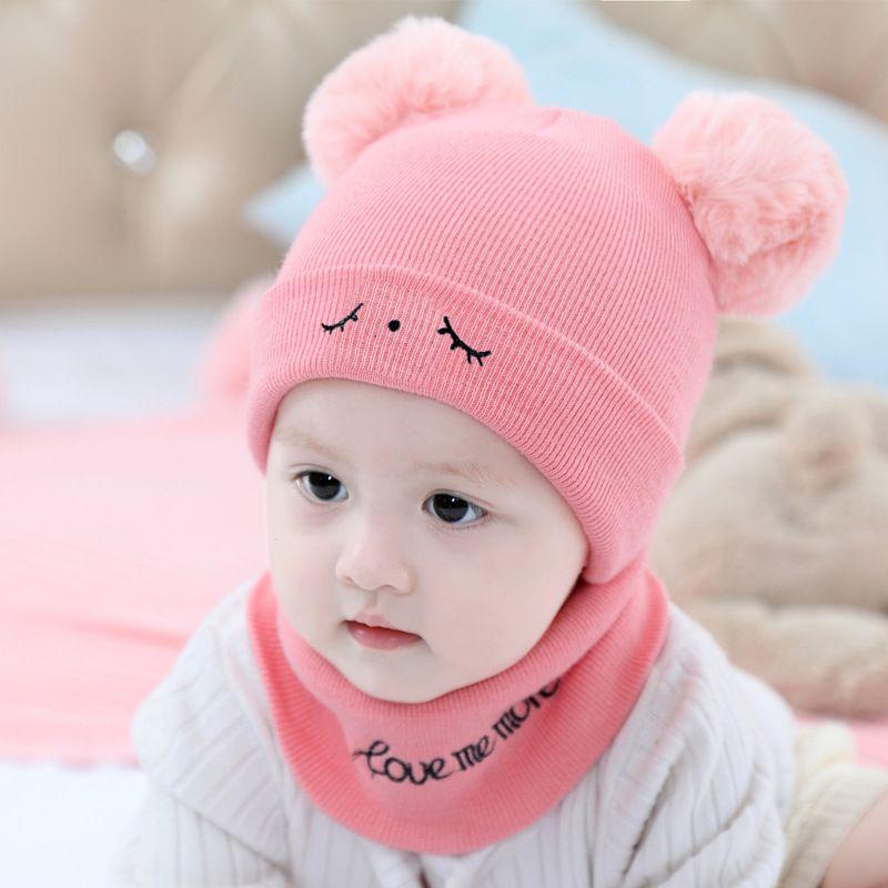 2pcs Winter Baby Hat Scarf Set Toddler Girl Boy Cap Knitted Beanie Fur Ball Cartoon Bear Snow Outfit Infant Accessories
