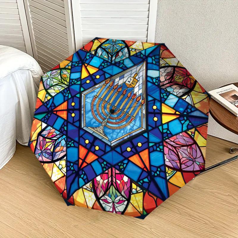 1pc Stained Glass Menorah Pattern Small Travel Automatic Folding Umbrella, Compact Windproof Umbrella, Automatic Open/Close ,Gift-091505