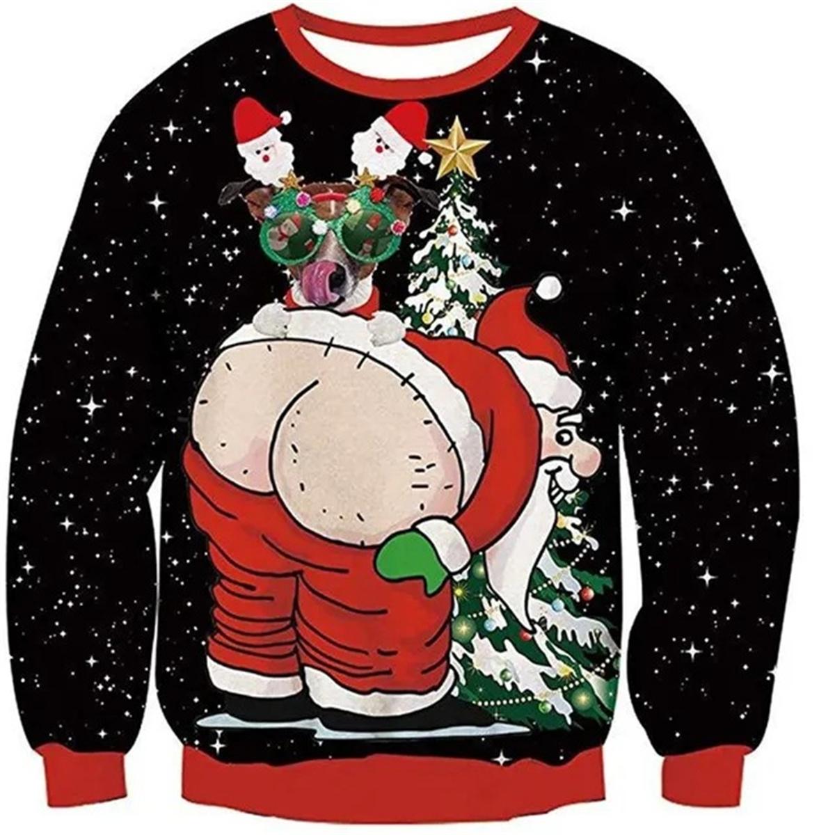 

2023 Unisex Funny Santa Claus Christmas Pullover Top 3D Digital Print Christmas Round Neck Sweater Men s Tops