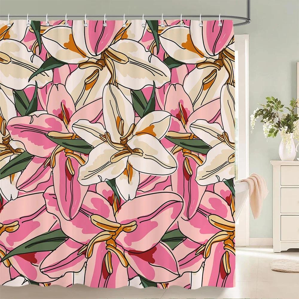 1Pcs Elegant Rose Flower Printed Fabric Waterproof Shower Curtain, Romantic and Fashionable Rose Bathroom Decoration, with Hooks