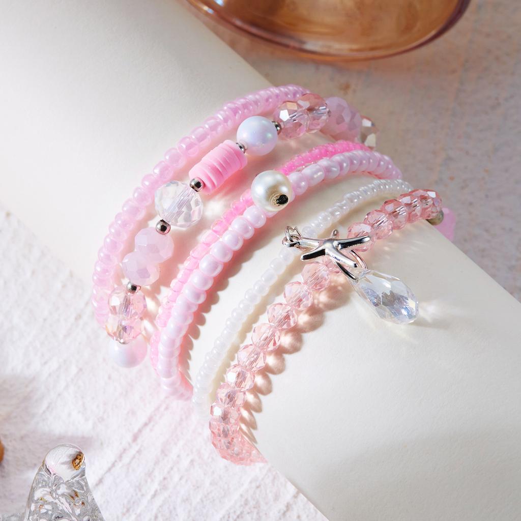 6Pcs Cute Bowknot Heart Bracelet Set For Women Pink Acrylic Beads Imitation Pearl Elastic Bangles Party Daily Sweet Jewelry