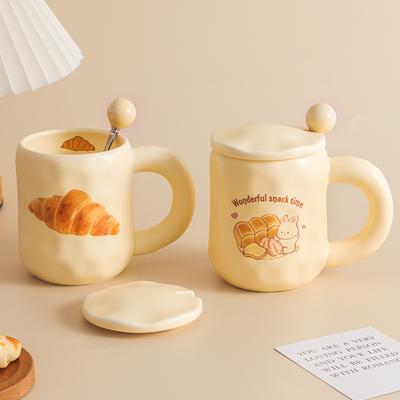 Cute Milk Fufu Cup Bread Mug with Lid Spoon Ins Style Girl Ceramic Coffee Breakfast Cup Office