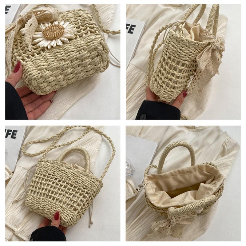 Yogodlns Stroh Handgefertigt Sommerurlaub Gewebt Damen Floral Dekor Kleine Umhängetasche Böhmisch Strand Reise Korb Crossbody Taschen