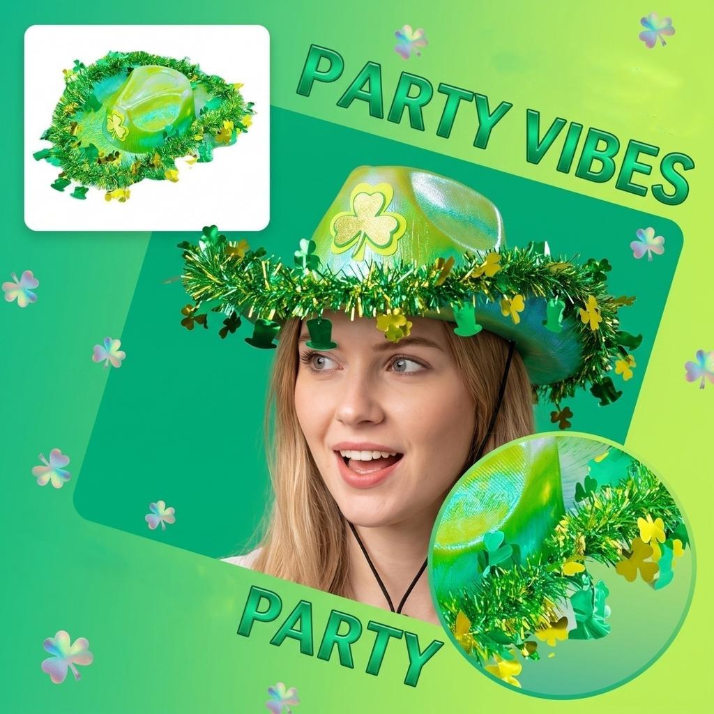 St. Patrick's Day Hat with Green Leaves and Ribbon Trim
