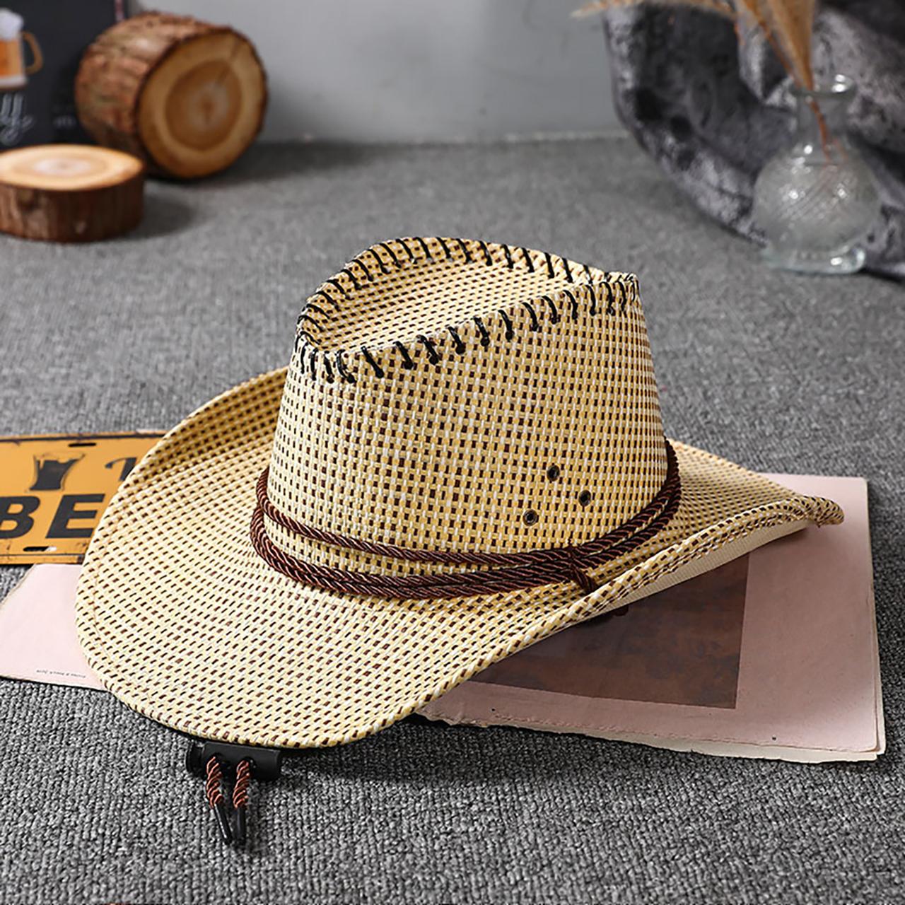 

Fashion Western Cowboy Straw Hat Men Women Summer Sunshade Mountaineering Hat Outdoor Travel Panama Sunscreen Cap 55-58cm бежевый