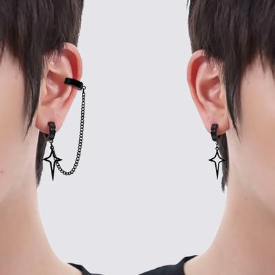 Black Hollowed-out Four-pointed Star No Piercing Clip Earrings Connect Ear Bone Clip for Women Men Stainless Steel Trend Jewelry