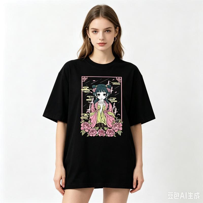 Unisex Anime Floral Print Tshirt Japanese Style Streetwear Summer Cotton Loose Fit Tee