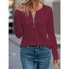 T-shirt da donna a manica lunga con mezza abbottonatura e cerniera, tessuto autunnale per donna