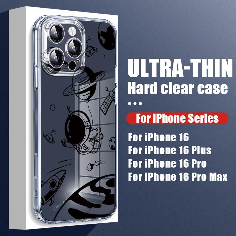 Planet Astronaut Pattern Hard PC Clear Case For iPhone 16 Pro Max 15 Pro 14 13 12 11 Transparent Shockproof Slim Phone Cover