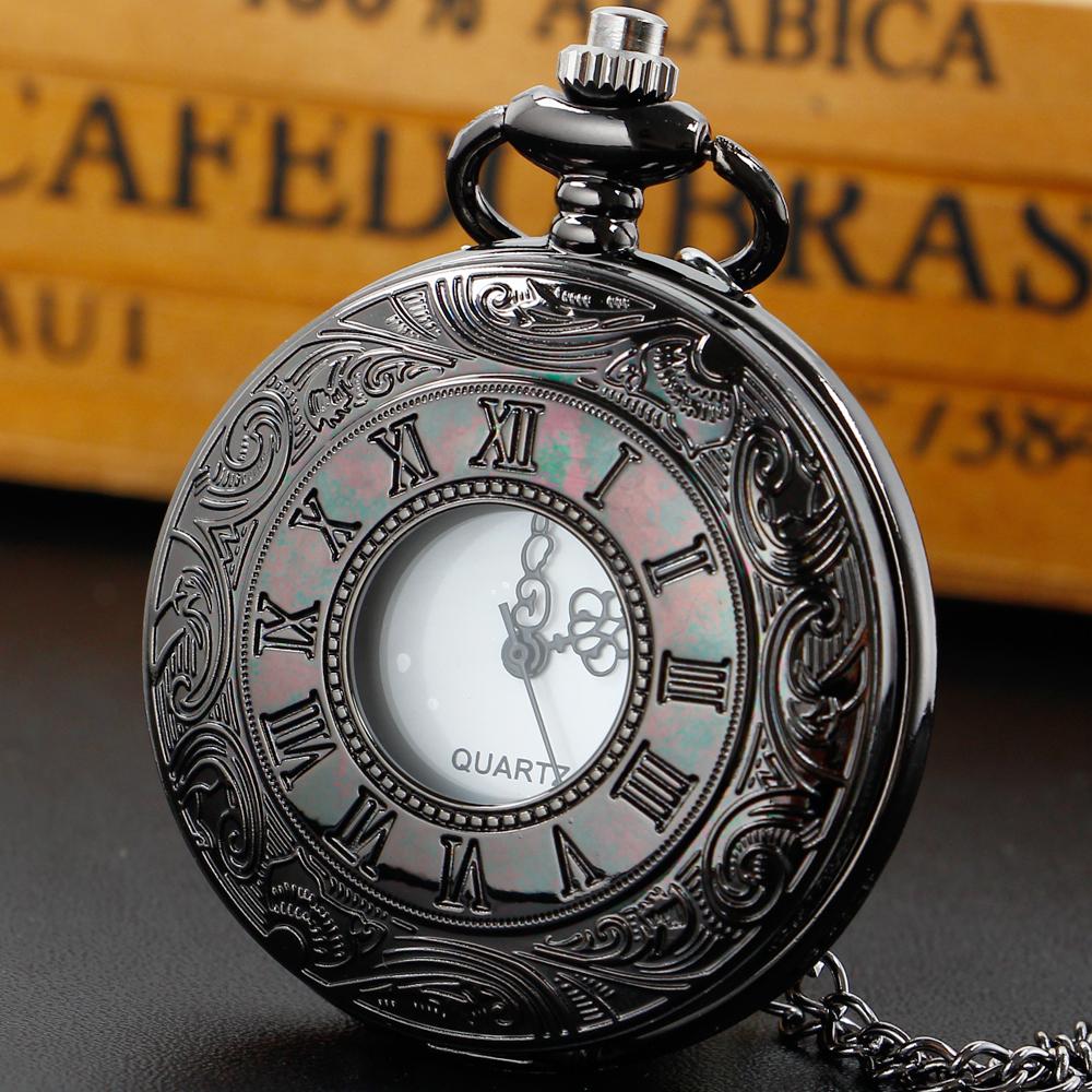 

Classic Quartz Pocket FOB Watch Black Roman Numerals Case Chain Clock Pocket Watches Vintage Souvenir Gift