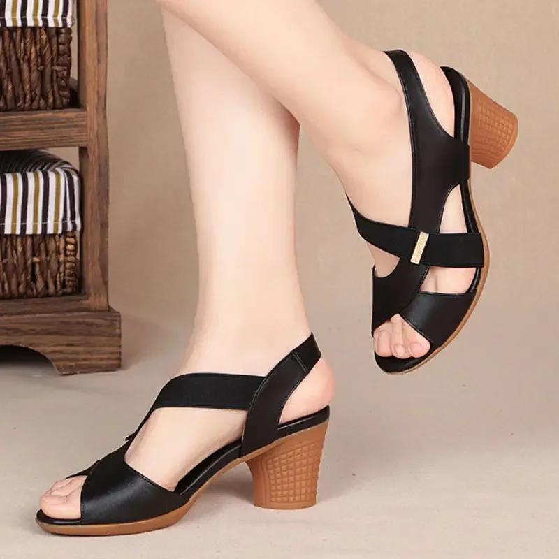 Fashion New Mid-heel Sandals Women Summer Shoes Comfortable High Heels Thick Heel Peep Toe Non-slip Soft Bottom Mother Shoes Slip-On