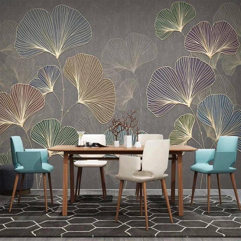 Modern Mural Minimalist Light Luxury 3d Wallpaper Lines Embossed Wall Mural Ginkgo Leaves Fresco Decor