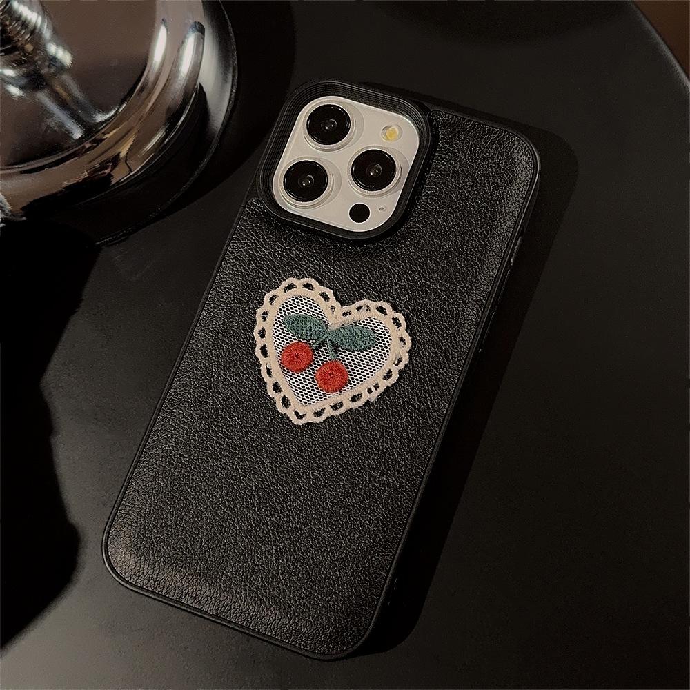 Embroidered Love Cherry Suitable for Apple 15 Mobile Phone Case IPhone 16 Promax Leather 11 Temperament 13 Anti Fall 12