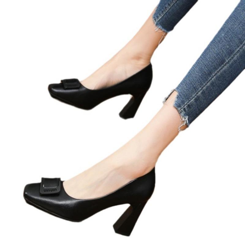 Square head single shoes women's thick heel spring new metal square buckle work shoes shallow high heel women's single shoes tide