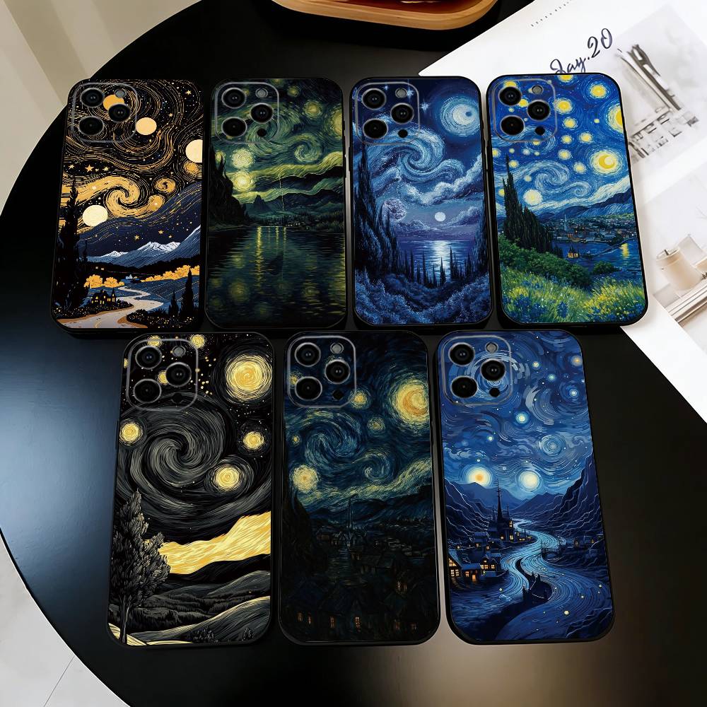 Van Gogh Starry Sky Phone Case For iPhone 17,16,15,14,13,12,11 Plus,Pro Max,XS,Soft Silicone Black Cover