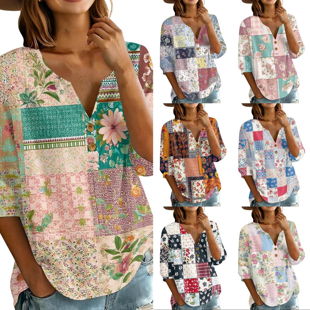 Women’s Cotton Linen Blouse with Patchwork Floral Print Henley Neck Button Front and Three Quarter Sleeves Casual Shirt