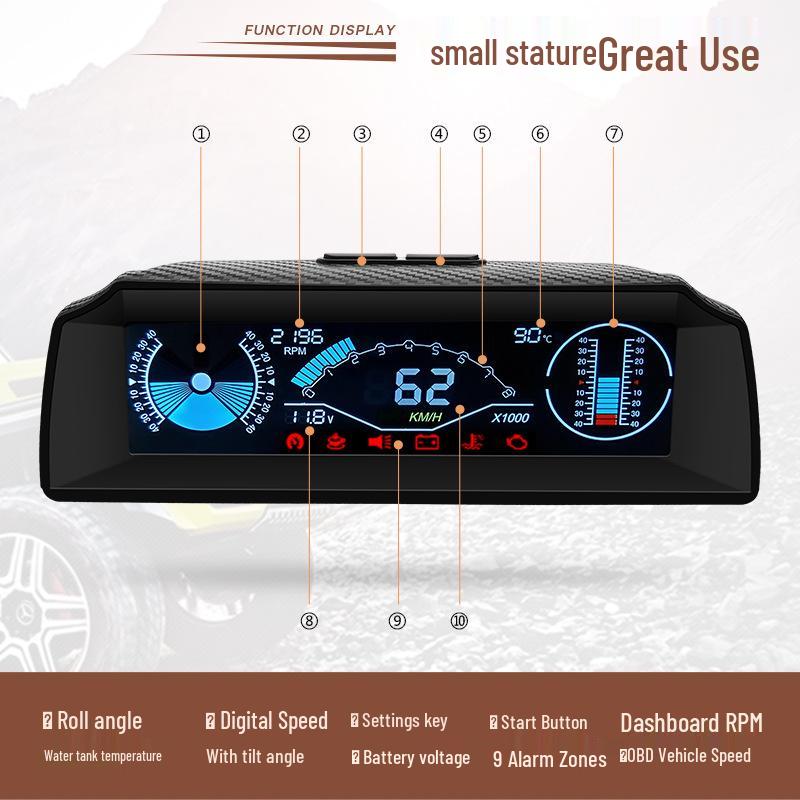 

HD Car HUD Display: Vehicle Speed, Tachometer, Water Temperature, Slope Balance Meter