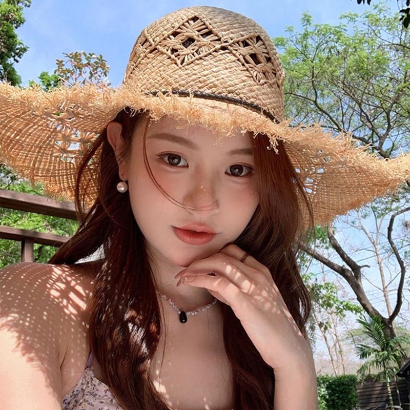 Elegant Raffia Sun Hat With Wide Brimmed And Breathable Openwork Design For Beach Vacation And Outdoor Activities