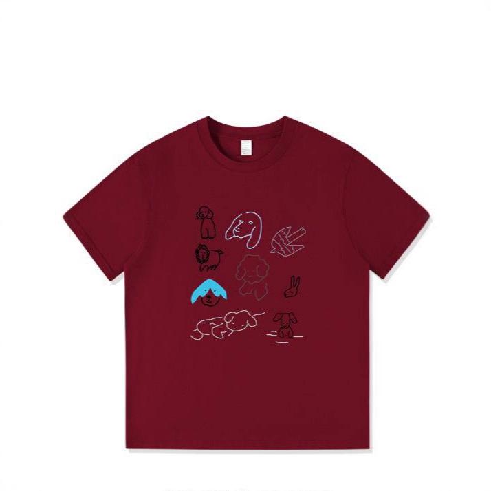 

pure cotton white couple short-sleeved t-shirt women s summer popular design sense niche American trendy cartoon half-sleeved top 3xl (recommended 85-95kg ) бордовий