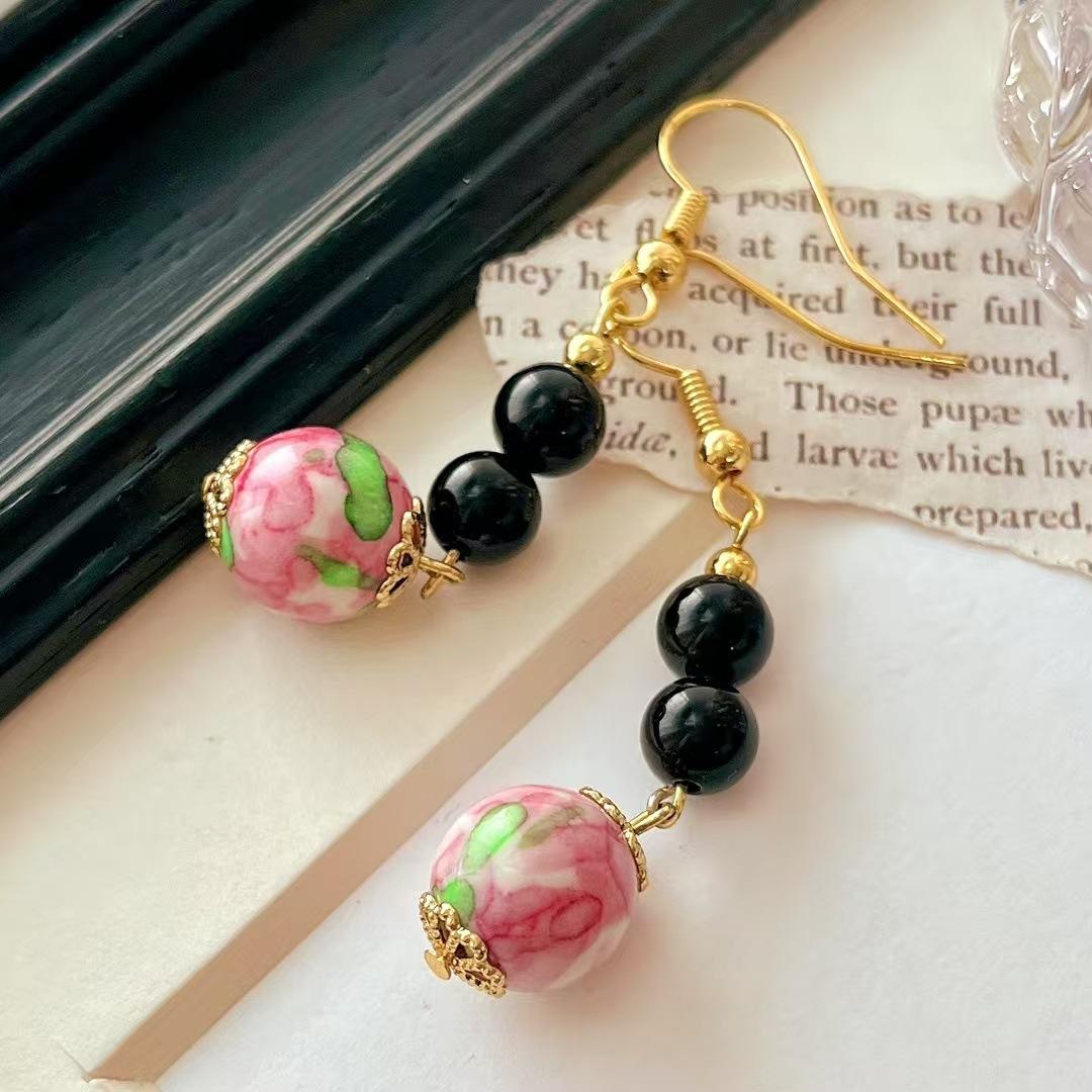 

Vintage High Quality Natural Black Agate Pink Ceramic Earrings Stud Earrings Ear Hooks