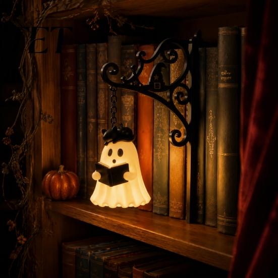Dark Fairy Tale Room Ornament Hanging Ghost Book Light, Spooky Iron Bookshelf Decor with Warm Halloween Party Table Glow, Gothic Reading Corner