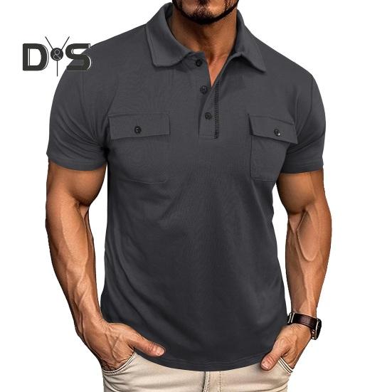 Men's Lapel T-shirt with Chest Pockets Short Sleeve Button-up Collar Tee Solid Color Casual Pullover Tee Shirt for Gym Streetwear