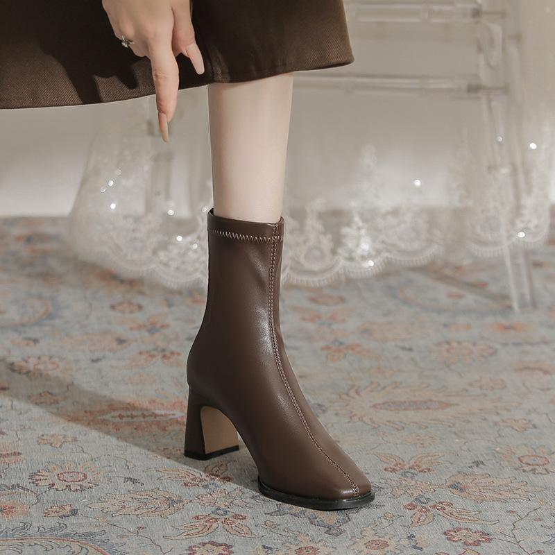 Maillard Style Thick Heel Medium Boots Children's Autumn and Winter New Velvet French Bare Boots with Skirt Elastic Thin Boots