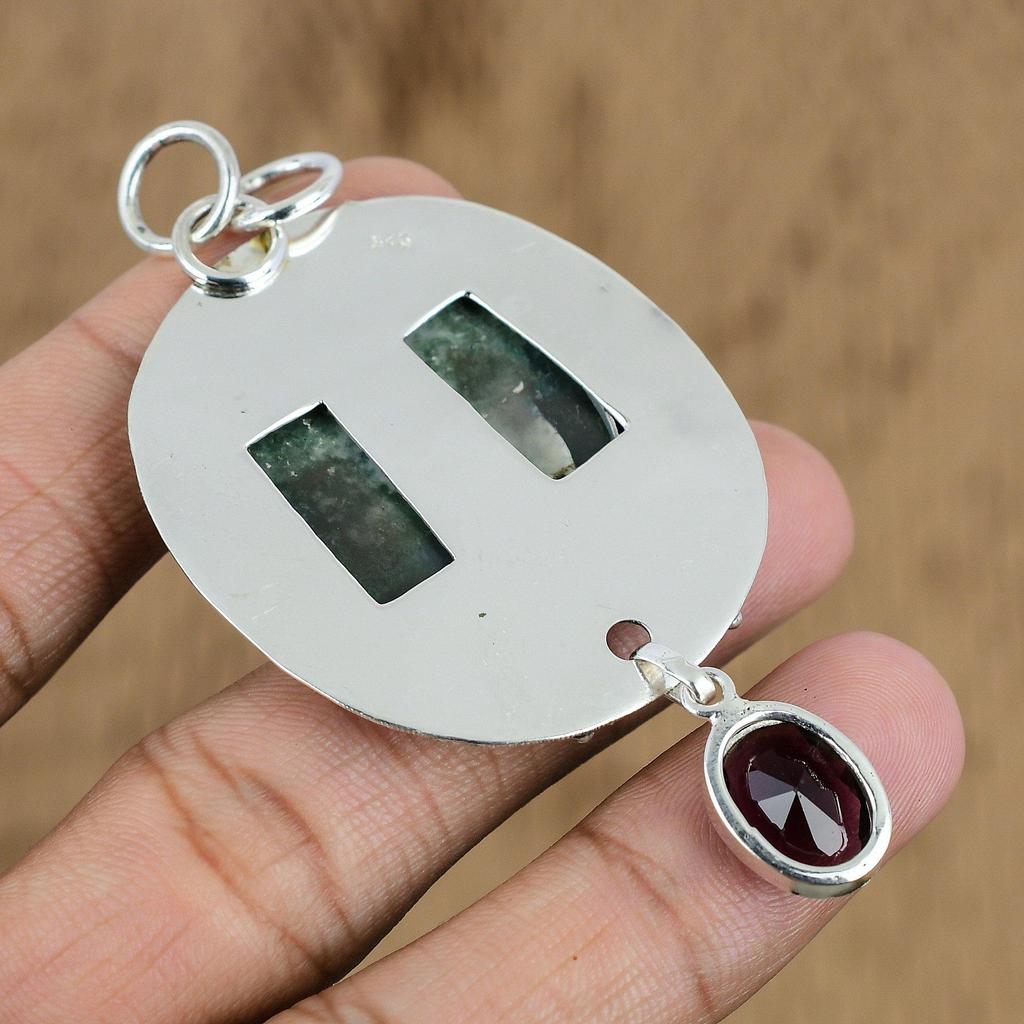 925 Silver Moss Agate Gemstone African Amethyst Handcrafted Wife Pendant Jewelry
