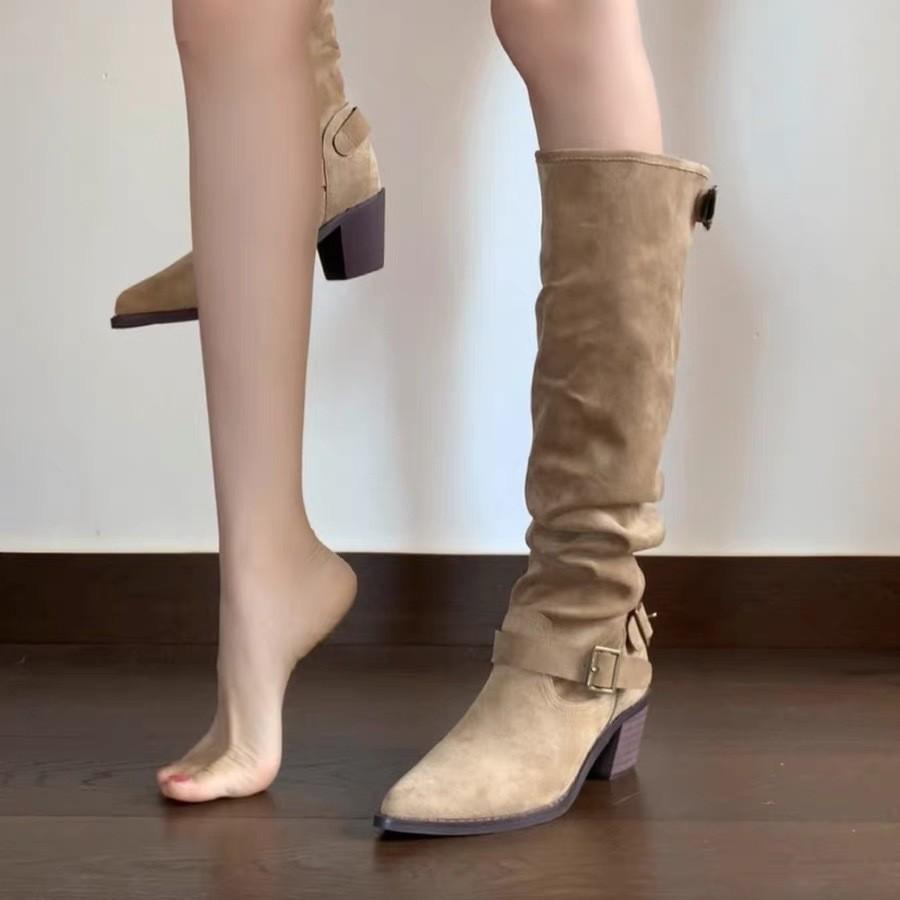New Suede Piled Up But Knee Boots Women's Western Style Versatile and Thin Thick Heel Knight Boots