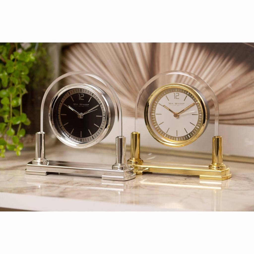 Wm.Widdop Glass Mantel Clock 2 Tone Dial Gold Stand