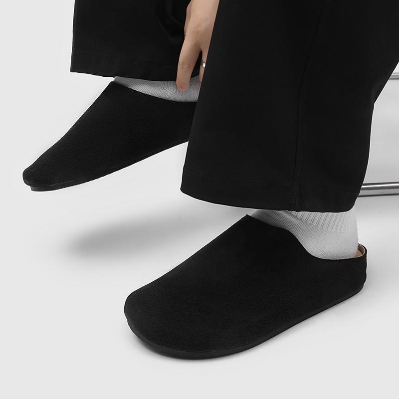 Big Size 38-46 Slides Sandals Men Open Back Casual Shoes Mules Suede Leather Backless Loafers Slippers Half Shoes Slip On Flats