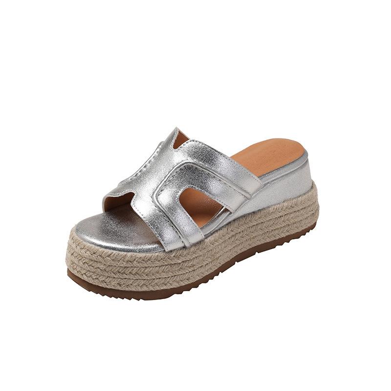 

Мягкая кожа, высота 7 см~ Руфь, ретро, на толстой подошве, клиновидный каблук, H крутые шлепанцы, женские, летние, белые 39