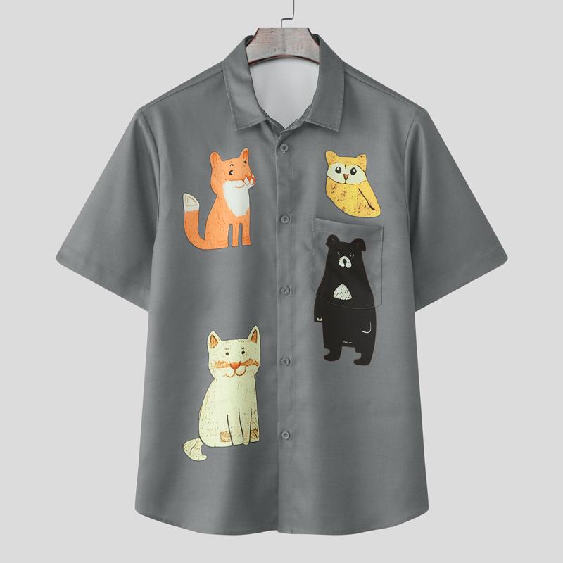 

INCERUN Men Lapel Neck Short Sleeve Cartoon Print Casual Oversized Shirts XL серый