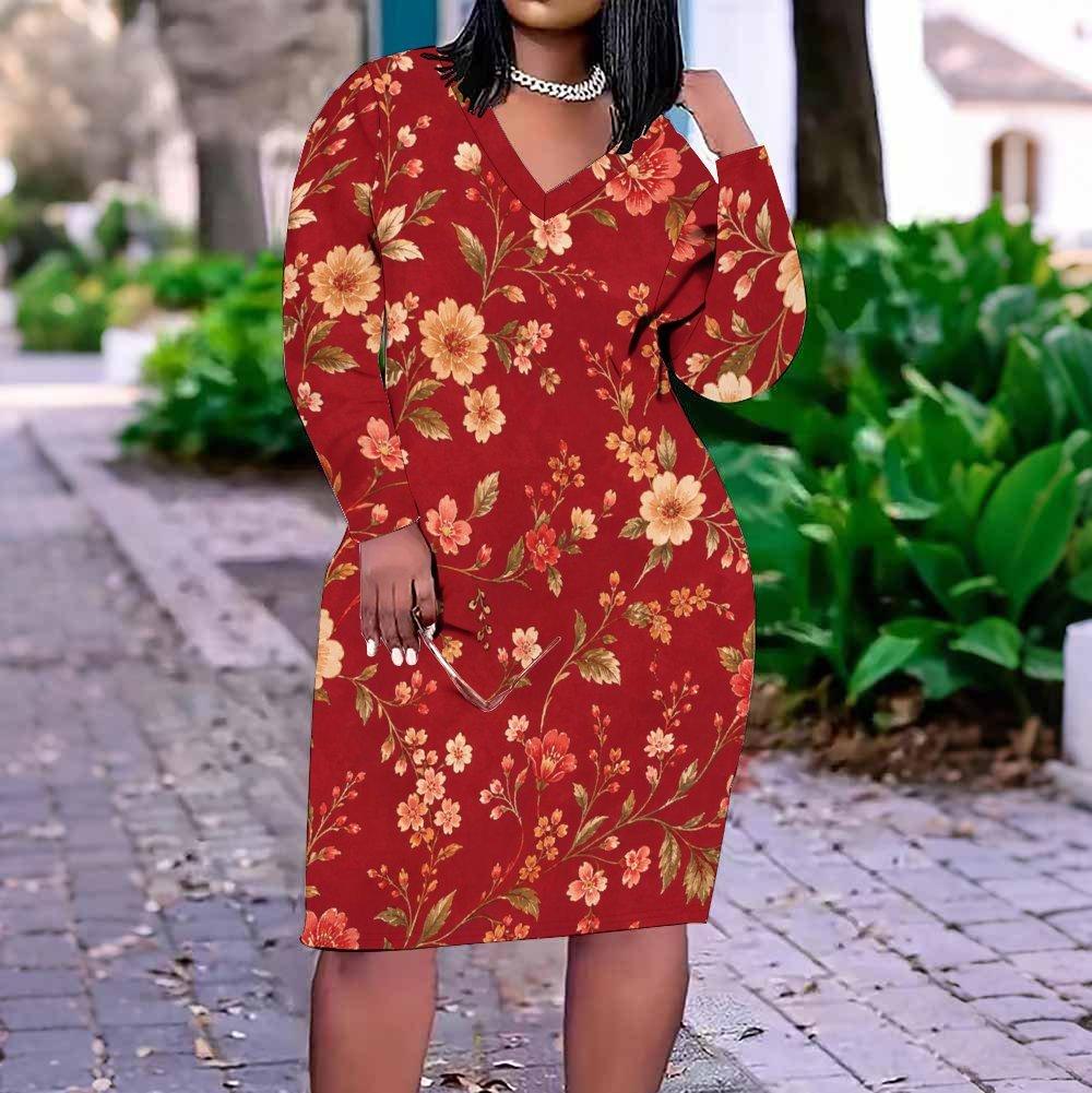 Women Plus Size V Neck Long Sleeve Red Floral Printed Fitted Straight Hem Dress