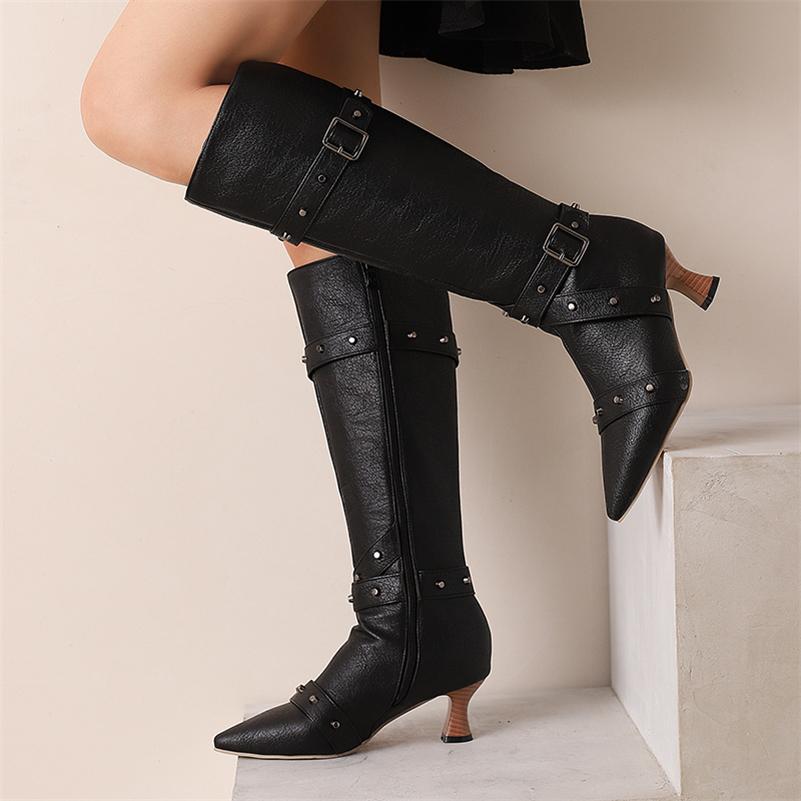 FOREADA Women Knee High Boots Pointed Toe Kitten High Heels Rivets Buckle Zipper Long Boots Ladies Fashion Shoes Winter 46