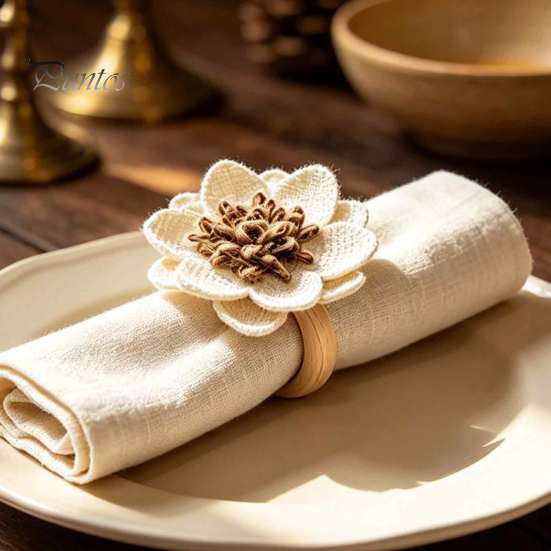 Pastoral Style Table Decor 6Pcs Linen Flower Napkin Rings, Wooden Ring Rustic Holders, Holiday Party Buckles Farmhouse Rings for Wedding Bridal Shower
