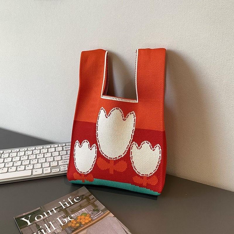 Women's Knot Wrist Bag Handmade Knitted Bag Portable Mini Striped Tote Bucket Phone Bags Large Capacity Autumn Winter Handbags