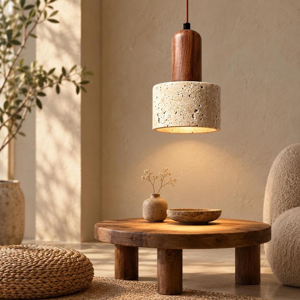 Pendant Lamp with Wooden Top Rustic Minimalism Stone Organic Lighting Fixture for