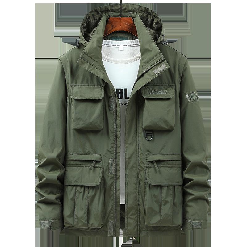 Men's Windproof Detachable Sleeve Parka - Spring/Autumn Loose Fit Multi-Pocket Workwear Jacket, Plus Sizes Available