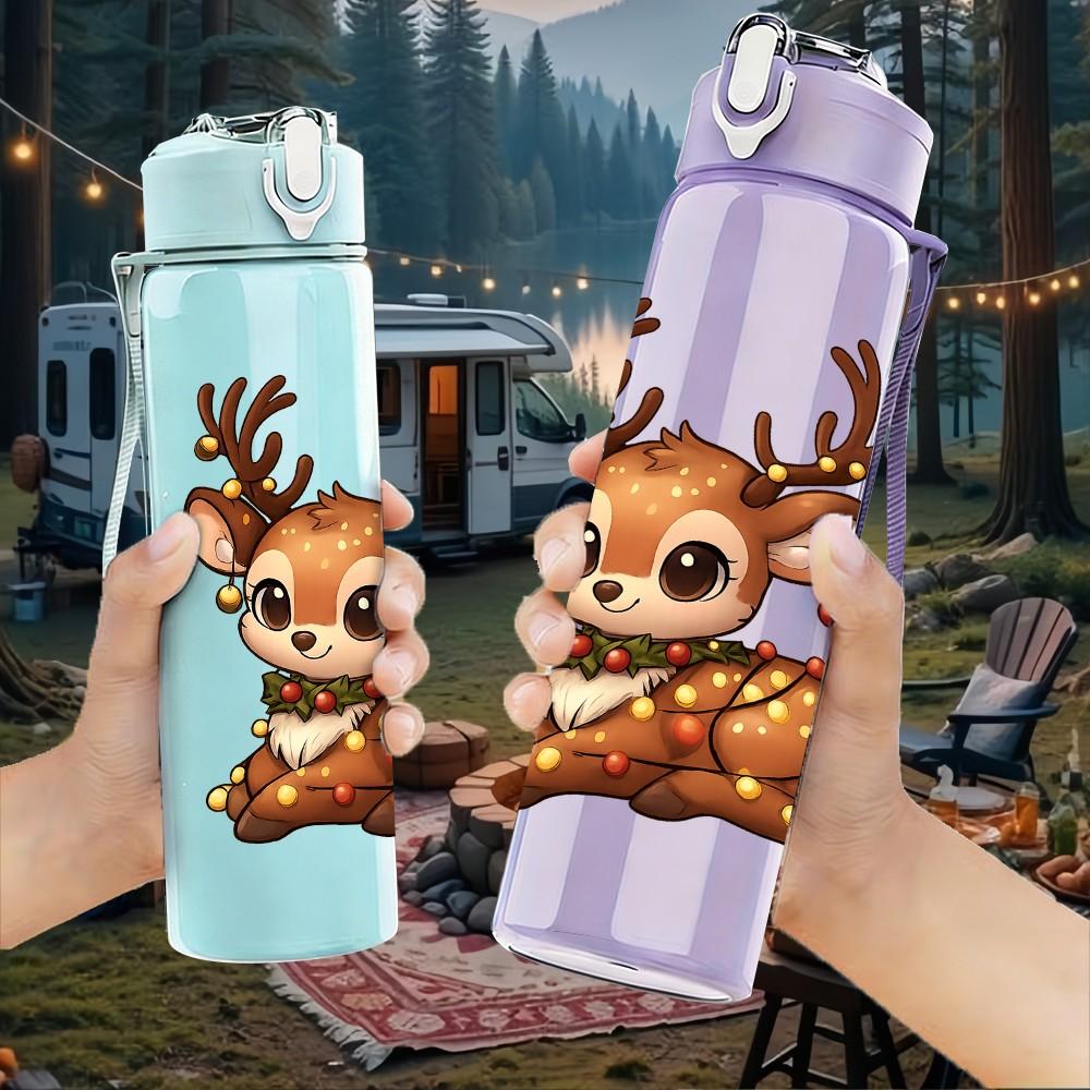 1PC Christmas Cute Deer 750ml Color Plastic Sports Water Bottle Leakproof Flip Straw Lid Suitable for Sports Office Home Use