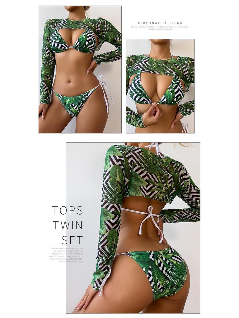 2024 Euro-American Mesh Hollow Out Drawstring Bikini Set - Three-Piece Swimwear