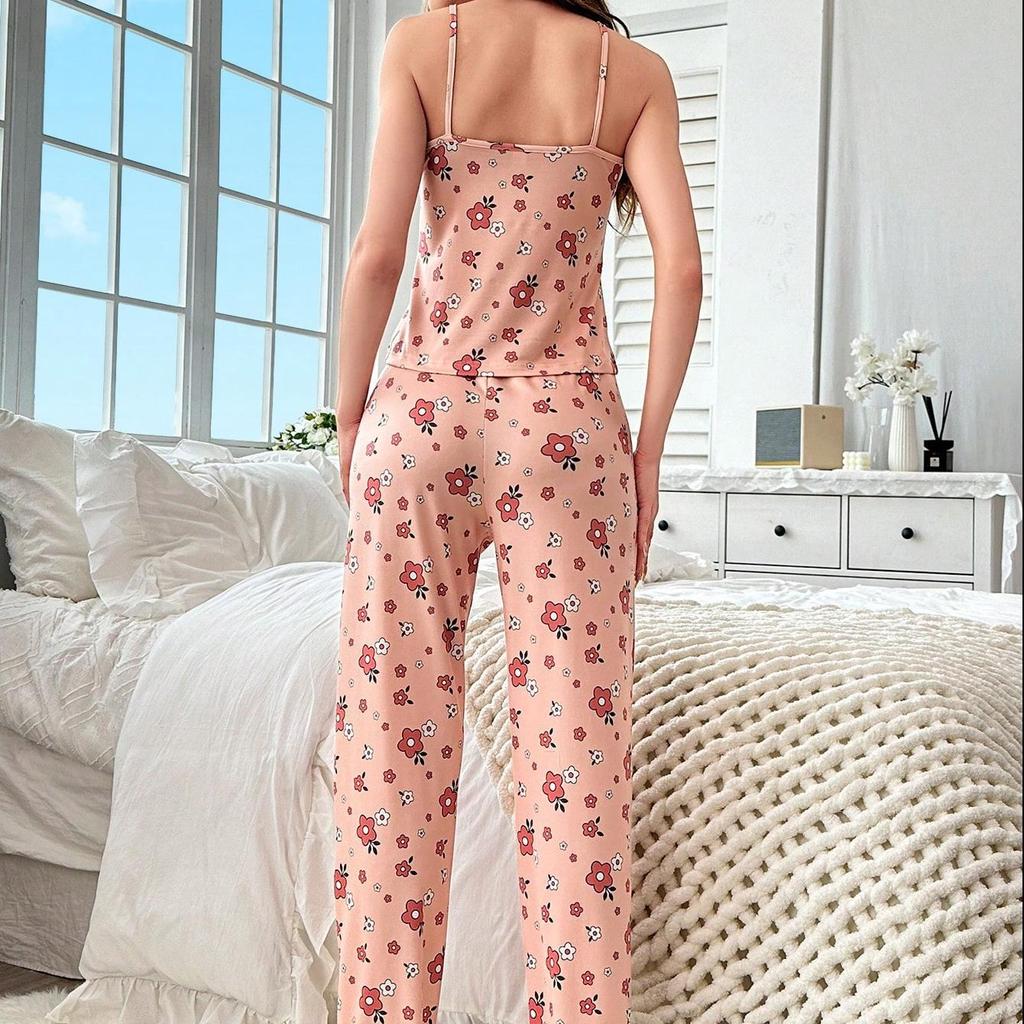 Summer Pajamas Set Women Shorts&Sleeveless Set Round Neck Sleepwear Young Girls Pink Flower Print Print Loungewear Homewear Pyjamas