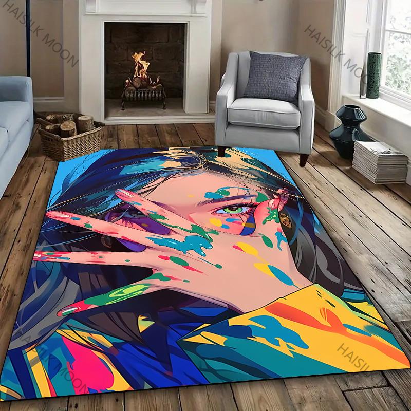 Color Ink Covered Girl Art Carpet Rug for Bedroom Decor Playroom Living Room Sofa Office Area Mat, Modern Fashion Style Carpet