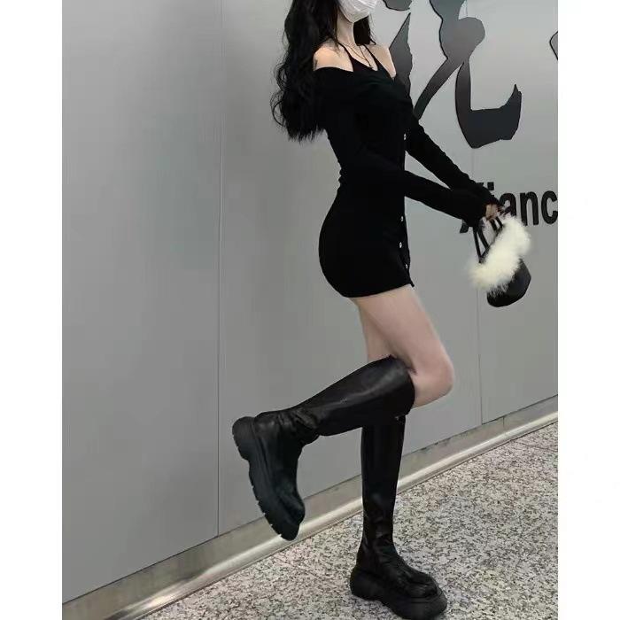 Fake Two Spice Girls Black Suspender Dress Women's Autumn New Pure Desire Slim and Thin Hip Skirt