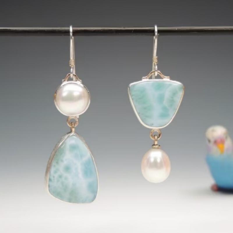 Ethnic Round Inlaid Imitation Pearls Women's Earrings Vintage Silver Color Paste Light Blue Pattern Dangle Earrings Woman