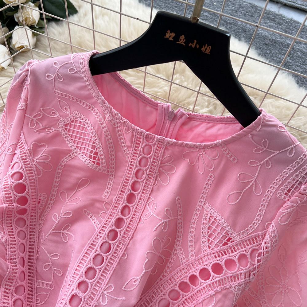 Elegant Summer Midi Dress for Women O-Neck High Waist Solid Spliced Lace with Embroidered Flowers Long Dress New Fashion