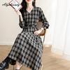 Plus Size Spring Autumn Women Vintage Midi Dress V Neck Plaid Casual Loose Ruffles Dress Retro Long Sleeve Elegant Dress With Belt