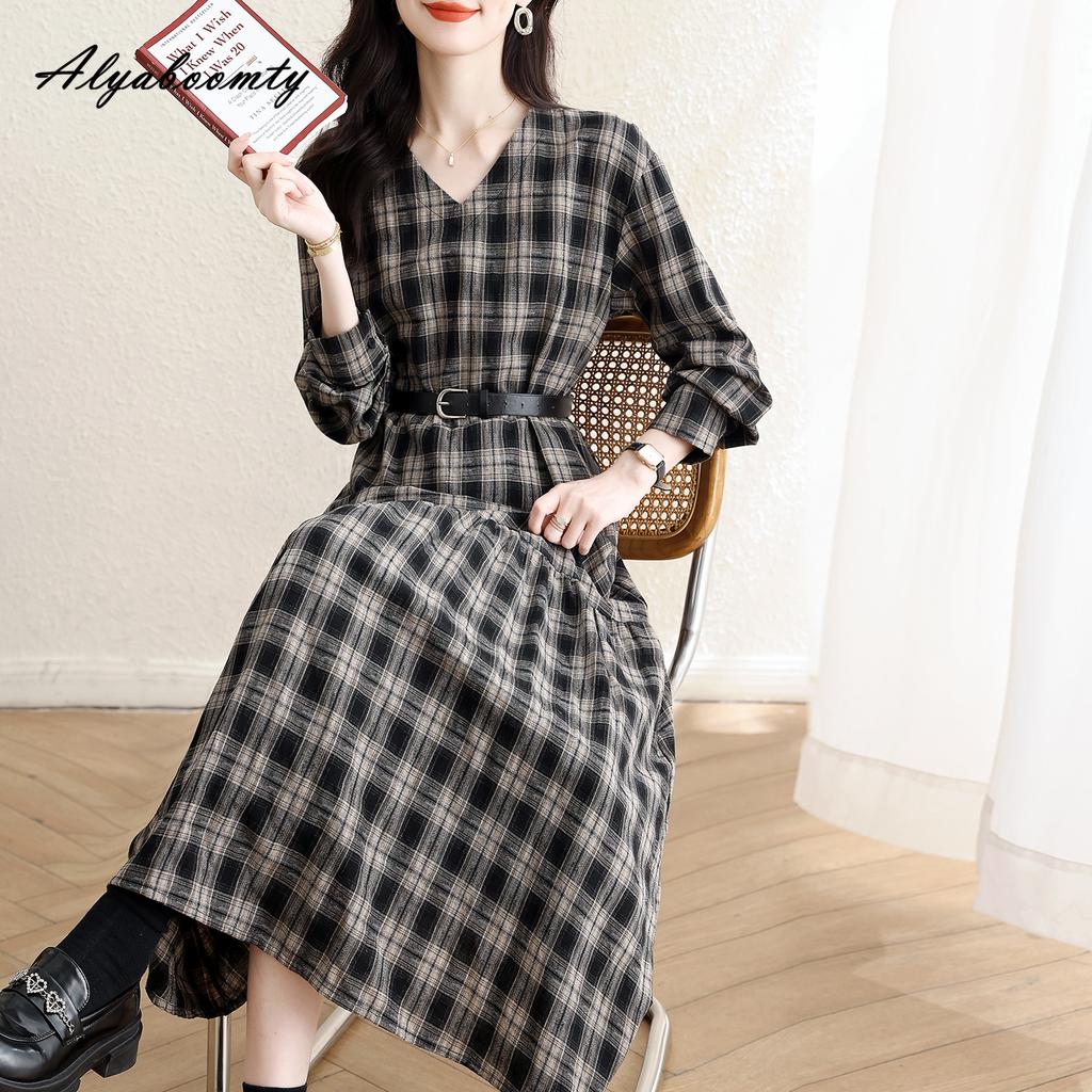 Plus Size Spring Autumn Women Vintage Midi Dress V Neck Plaid Casual Loose Ruffles Dress Retro Long Sleeve Elegant Dress With Belt