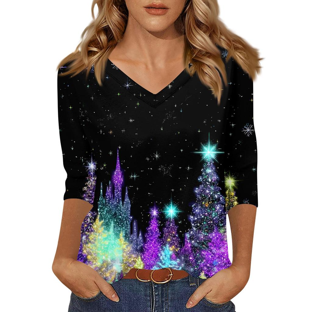 Women's T Shirt CHristmas Print 3/4 Sleeve Daily Weekend Fashion Basic V- Neck Regular Top